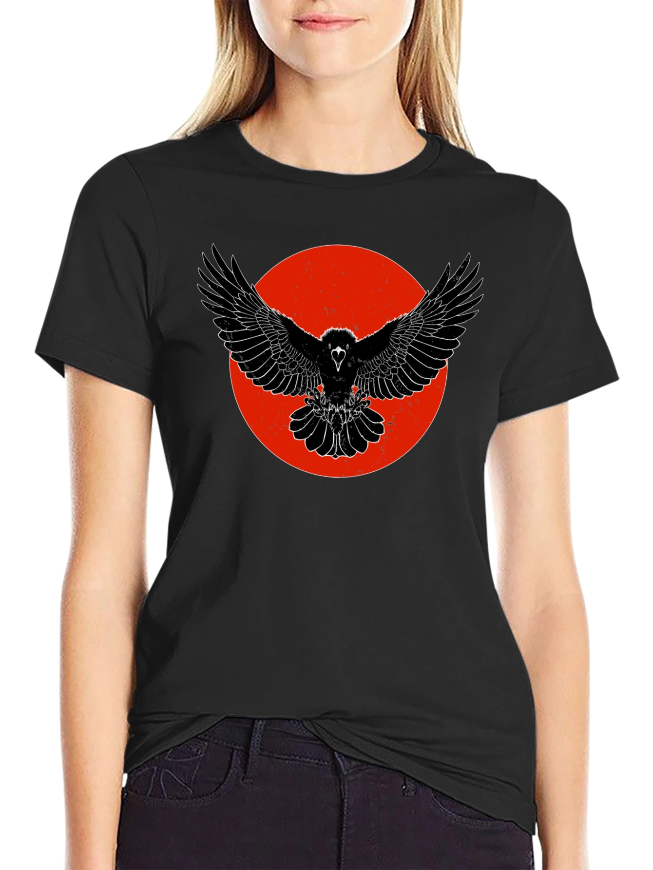 Raven Graphic Tee - Black Cotton Bird Print T-Shirt