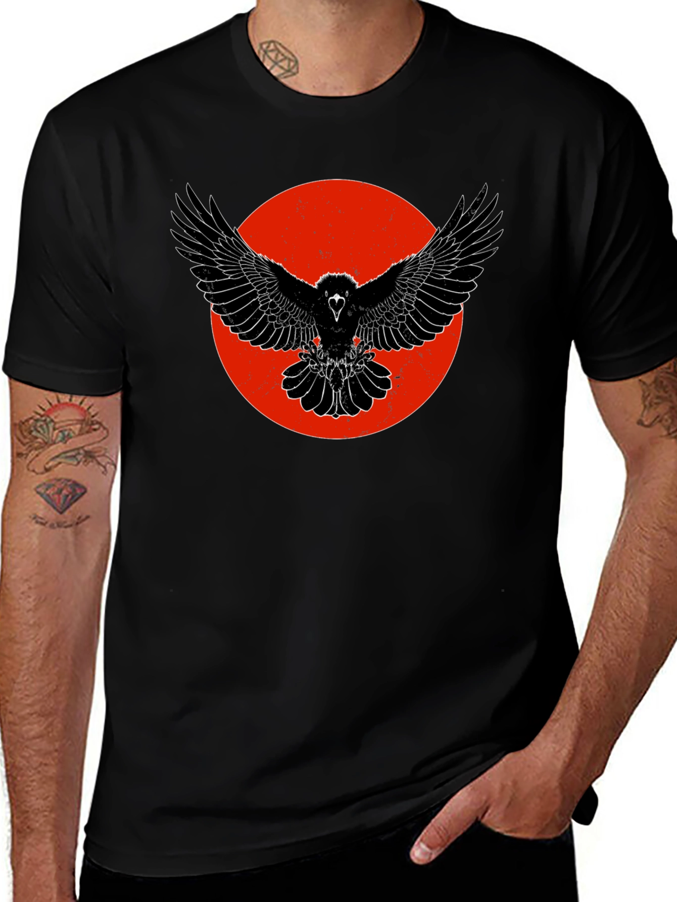 Raven Graphic Tee - Black Cotton Bird Print T-Shirt
